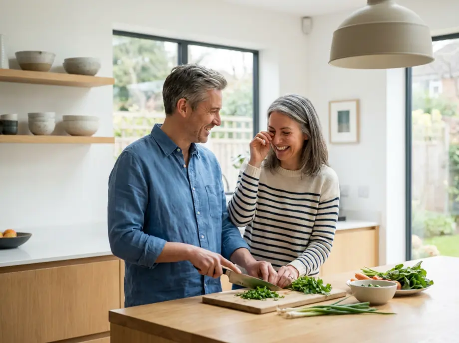 A couple cooking together at home, relaxed and at ease with each other